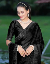India Silk Black Sarees Featuring Beautiful Rangoli Patterns Enhanced With Swarovski Work On The Saree And Border